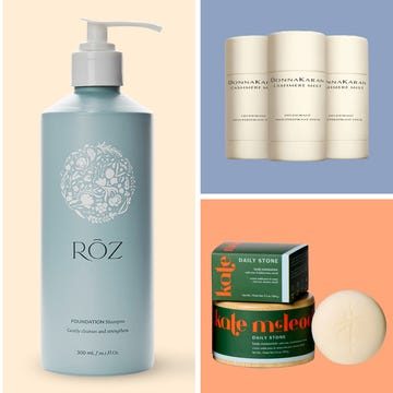 Collection of skincare products including a light therapy mask, shampoo, deodorants, and a body moisturizer.