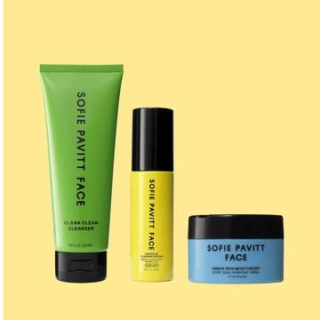 A collection of skincare products from Drunk Elephant and Sofie Pavitt, displayed in vibrant packaging.