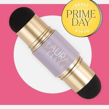 Laura Geller double-ended makeup applicator with Prime Day deals badge on pink background.
