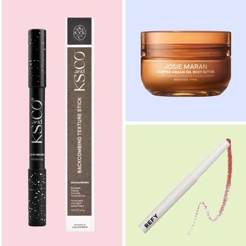 Various beauty products including toners, hair texture sticks, body butter, and lip liners on colorful backgrounds.